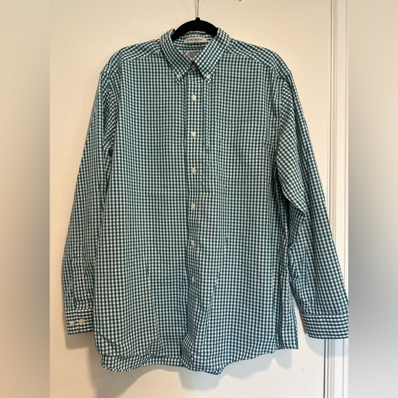LL Bean Men’s L Dress Shirt Small Checker Teal & White Wrinkle Resist. reg. fit - Picture 1 of 10